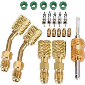 R410a Adapter for Mini Split System, Charging Vacuum Port Adapter, 5/16 Female 1/4 Male Flare, Valve Core Remover, r134a Hose Gaskets, 5V1 Valve Cores, for HVAC and Refrigeration Service