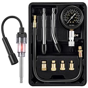 Fiada 9 Pieces Automotive Compression Tester Kit and Spark Plug Tester, Universal Car and Motorcycle Engine Testing Tools for Cylinder Pressure Gauge (Black)