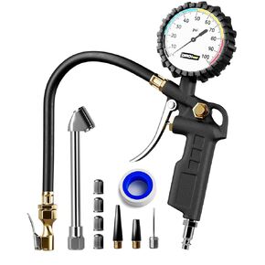 Tire Inflator with Pressure Gauge and Longer Hose - Most Accurate, Heavy Duty Air Chuck with Gauge for Air Compressor Tire Inflator Attachment - 100PSI