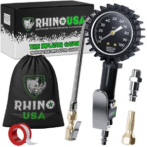 Rhino USA Digital Tire Inflator with Pressure Gauge (0-200 PSI) - ANSI B40.7 Accurate, Large 2" Easy Read Glow Dial, Premium Braided Hose, Solid Brass Hardware, Best for Any Car, Truck, Motorcycle, RV