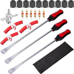 14.5inch Tire Spoons Motorcycle, Dirt Bike Tire Spoon Set, Professional Tire Changing Spoons Lever Iron Tool Kit with Durable Bag,3 Tire Spoons, 3 Rim Protectors, 6 Valve Cores,1 Valve Tool,10 Caps
