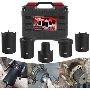 Spindle Nut Socket Tool Kit 5 Pcs Axle Nut Socket Set Hub Nut Remover Installer for Ford Dana 50/60, Chevy, and Dodge, 1/2" Drive, Replace# 648636 Lug Nut Socket Set
