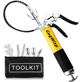 Grease Gun Pistol Grip Set: 9000 PSI 14oz Heavy Duty Grease Gun Kit with 18 Inch Spring Flex Hose, 1 Lock Coupler, 2 Reinforced Coupler, 2 Extension Rigid Pipe 1 Sharp Nozzle and 1 Wrench