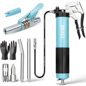 SHALL Grease Gun, 7000 PSI Heavy Duty Pistol Grip Grease Gun Kit w/Grease Gun Coupler, 18" Spring Flex Hose, Reinforced Coupler, 2 Extension Rigid Pipe, Sharp Nozzle, Fittings Cleaner | 14oz Load