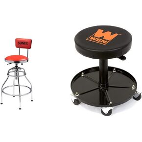SUNEX TOOLS 8516 Hydraulic Shop Stool, High-Polished Chrome Finish, Hydraulic Seat Adjustment, Vinyl Padded Adjustable Seat and Backrest, Slip Resistant Feet, 250-Pound Capacity, Silver