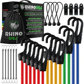 حبال بنجي مع خطافات من RHINO USA - تشكيلة 28 قطعة للخدمة الشاقة في الهواء الطلق مع 4 مشابك مجانية لقماش القنب، وحقيبة تنظيم الرباط، وأربطة المظلة، وحبال مطاطية كروية