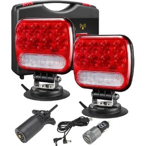 Partsam LED Magnetic Towing Tail Light Wireless LED Trailer Light Kit Universal Stop Turn Running Backup Reverse Light Red+Clear Lens w/ 7-Pin Plug Dual USB Cable Charger for Trucks Trailers 12-24V