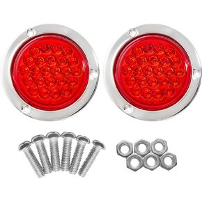 Oyviny 2PCS 4" Round LED Trailer Tail Light with Stainless Steel Chrome Bezels Red 24LED 4 Inch Round Trailer Stop Turn Brake Tail Lights 12V DC for Trailer, Bus, RV Truck