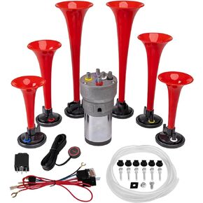 FARBIN Musical Horn 5 Trumpet Music Sound Air Horn with Compressor Play Lacucaracha Melody Red 12V 150db for Train Truck Car Boat RV UTV Motorcycle (DIXLAND Musical Horns Kit)