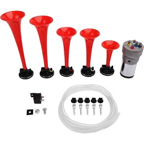 FARBIN Musical Horn 5 Trumpet Music Sound Air Horn with Compressor Play Lacucaracha Melody Red 12V 150db for Train Truck Car Boat RV UTV Motorcycle (DIXLAND Musical Horns Kit)