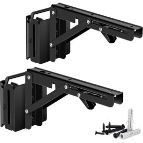 E Track Folding Fixed Shelf Brackets 2 Pcs 8 inch Black Heavy Duty Metal DIY E-Track Collapsible Shelf Hinge Etrack Accessories for Workbench Table Shelves in Enclosed Trailer, Warehouse, Garage,Truck