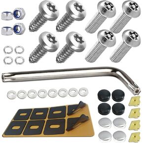 Aootf Black Anti Theft License Plate Screws- Stainless Steel Rustproof Security Bolts Fasteners for Front Rear Car Tag Mount- M6 (1/4") Locking Hardware, with Matte Caps Inserts Nuts, Rattle Proof Pad