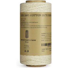 TJ.MOREE Butchers Twine, 3Ply 100m/328 1mmThick Feet String Food Oven Safe Cotton Cooking Meat Rope Bakers Twine Fit to Parcel Sausage and Decorate Crafts (Beige)