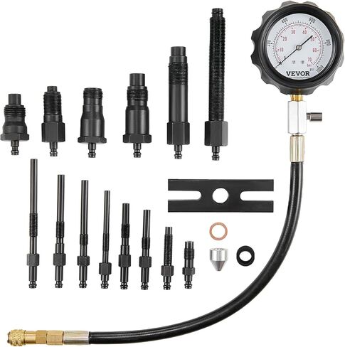 طقم محول اختبار ضغط VEVOR، 9 قطع اختبار ضغط تسرب أسطوانة محرك السيارات، مقياس ضغط مزدوج دقيق 0-300 رطل لكل بوصة مربعة، مع خراطيم طويلة الوصول وحقيبة لأسطوانات المحرك in Saudi Arabia