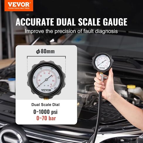 طقم محول اختبار ضغط VEVOR، 9 قطع اختبار ضغط تسرب أسطوانة محرك السيارات، مقياس ضغط مزدوج دقيق 0-300 رطل لكل بوصة مربعة، مع خراطيم طويلة الوصول وحقيبة لأسطوانات المحرك in Saudi Arabia