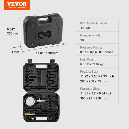 طقم محول اختبار ضغط VEVOR، 9 قطع اختبار ضغط تسرب أسطوانة محرك السيارات، مقياس ضغط مزدوج دقيق 0-300 رطل لكل بوصة مربعة، مع خراطيم طويلة الوصول وحقيبة لأسطوانات المحرك in Saudi Arabia