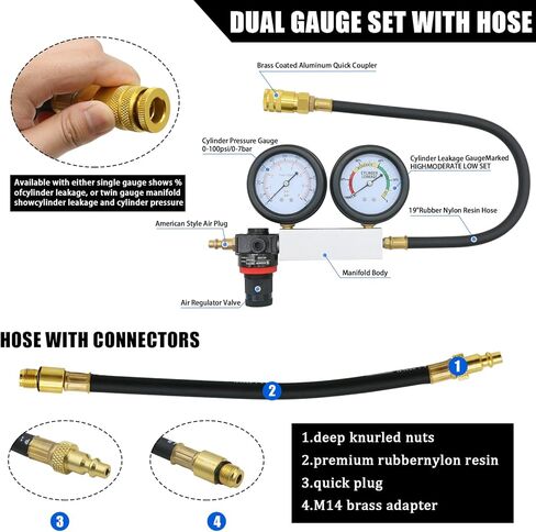 مجموعة اختبار تسرب الأسطوانة، اختبار ضغط محرك البنزين، مقاييس ضغط مزدوجة، كاشف تسرب ضغط المحرك لمحرك البنزين مع شمعات إشعال 10 12 14 مم (أحمر) in Kuwait