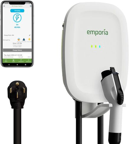 شاحن EMPORIA EV المستوى 2 مع CCS/J1772، شاحن سيارة كهربائي داخلي/خارجي 48 أمبير، قابس شاحن NEMA 14-50 EV أو سلك صلب، شاحن EVSE المستوى 2 مزود بتقنية UL/Energy Star WiFi، كابل 24 قدمًا - 240 فولت in Kuwait