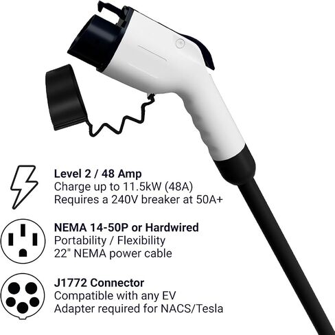 شاحن EMPORIA EV المستوى 2 مع CCS/J1772، شاحن سيارة كهربائي داخلي/خارجي 48 أمبير، قابس شاحن NEMA 14-50 EV أو سلك صلب، شاحن EVSE المستوى 2 مزود بتقنية UL/Energy Star WiFi، كابل 24 قدمًا - 240 فولت in Kuwait
