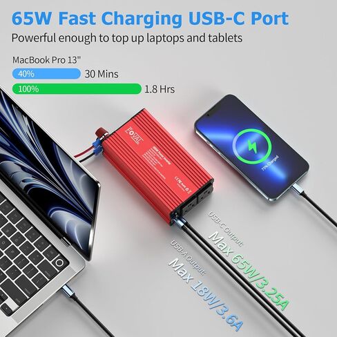 FOVAL 600 واط عاكس الطاقة 12 فولت تيار مستمر إلى 110 فولت تيار متردد محول قابس السيارة مع [65 واط PD USB-C] و [18 واط QC USB-A] منافذ شحن سريعة ومنفذي تيار متردد محولات طاقة السيارة للمركبات in Kuwait