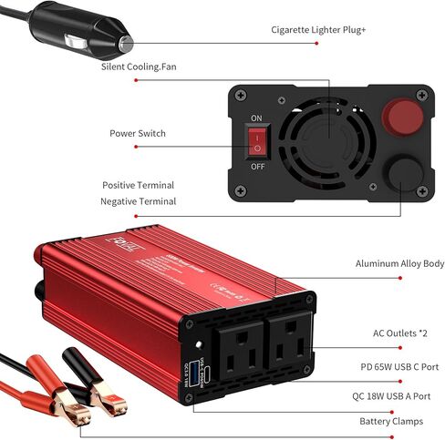 FOVAL 600 واط عاكس الطاقة 12 فولت تيار مستمر إلى 110 فولت تيار متردد محول قابس السيارة مع [65 واط PD USB-C] و [18 واط QC USB-A] منافذ شحن سريعة ومنفذي تيار متردد محولات طاقة السيارة للمركبات in Kuwait