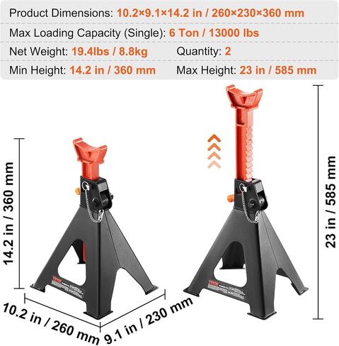 VEVOR Jack Stands, 3 Ton (6,000 lbs) Capacity Car Jack Stands Double Locking, 10.8-16.3 inch Adjustable Height, for Lifting SUV, Pickup Truck, Car and UTV/ATV, Red, 1 Pair in Saudi Arabia