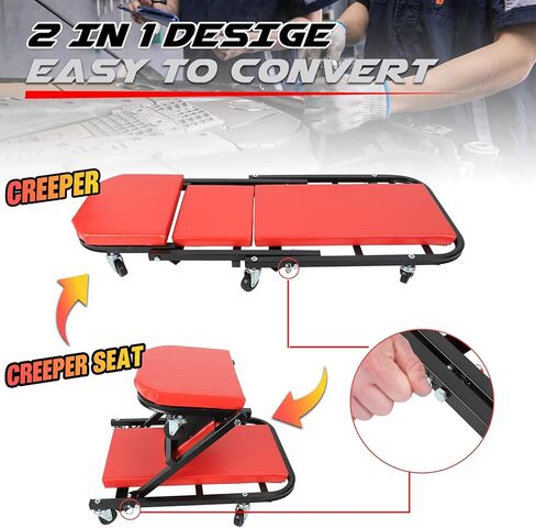 مقعد زاحف قابل للطي مقاس 40 بوصة من EASYBERG، زاحف ومقعد على شكل Z 2 في 1، 6 عجلات دوارة لمتجر المرآب، سعة 330 رطل، أحمر in Kuwait