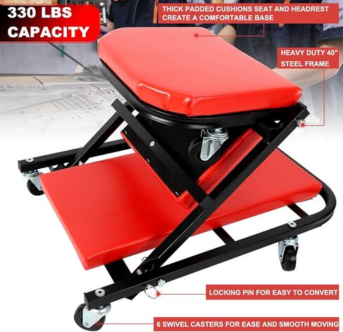 مقعد زاحف قابل للطي مقاس 40 بوصة من EASYBERG، زاحف ومقعد على شكل Z 2 في 1، 6 عجلات دوارة لمتجر المرآب، سعة 330 رطل، أحمر in Kuwait
