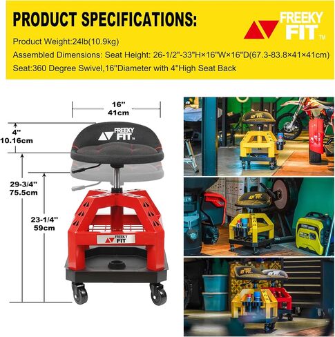 Rolling Shop Stool for Garage with Casters, DO02-Adjustable Height 360° Swivel Shop Seat with Tool Tray Storage, 330 LBS Capacity Padded Mechanic Stool, Black in Saudi Arabia