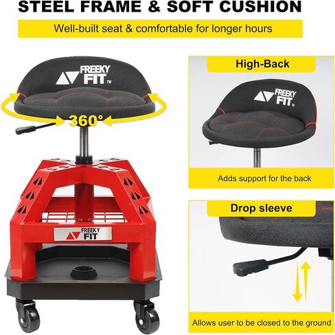Rolling Shop Stool for Garage with Casters, DO02-Adjustable Height 360° Swivel Shop Seat with Tool Tray Storage, 330 LBS Capacity Padded Mechanic Stool, Black in Saudi Arabia