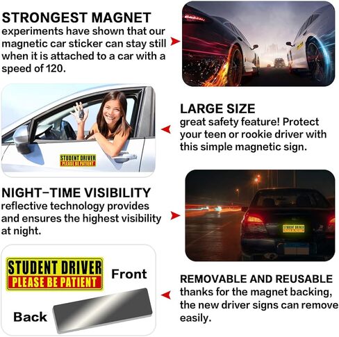 Sukh 4 Pcs Student Driver Magnet for Car - Be Patient Student Driver Magnet Boys and Girls New Student Driver Sticker Safety Warning Reflective Signs Reusable Movable in Saudi Arabia