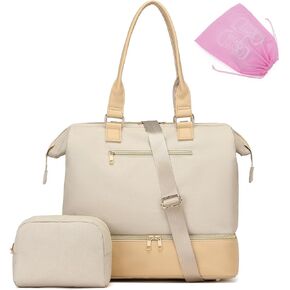 BAVERGE Weekender Bags for Women, Carry On Personal Item Travel Tote with Shoe Compartment, Large Overnight Duffle Bag with Trolley Sleeve,Beige