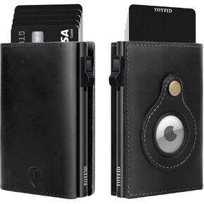 Minimalist Wallet for Men - Pop Up Wallet with Holder for AirTag,Men's Slim Wallet,Card Holder Case Wallet Genuine Leather,RFID Blocking,ID Window,Magnetic Closure,Cash Credit Cards Wallet (Brown)