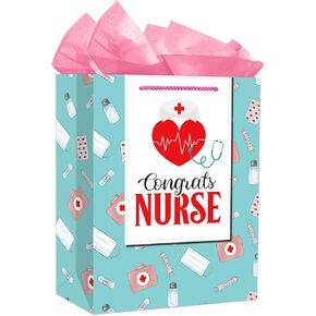PETCEE Nurse Graduation Gifts Bag,Congrats Nurses Gift Bag with Tissue Paper and Card 11.5'' Large Nursing for Grads Medical School Graduates Social Worker Party Supplies