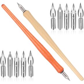 Bewudy 10 PCS Oblique Calligraphy Dip Pen Set, Comic Pen Nib Set, Fluid Writer Pen, with 8 Pieces Stainless Steel Pen Replacement Nibs Nib for Writing Painting Signing and Sketch (Solid Wood)