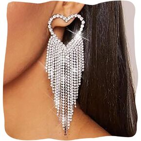 JONKY Heart Tassel Earrings Silver Long Rhinestone Earring Sparkly Chandelier Fringe Chain for Women