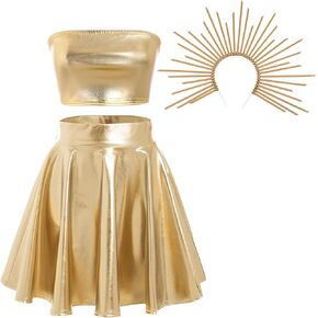 FYMNSI Women's Halloween Goddess Costume Holographic Bandeau Tube Top Bra + Metallic Skirt + Goddess Headpiece Rave Outfits
