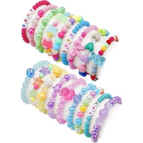 18 Pcs Kids Bracelets for Girls Cute Beaded Bracelets Little Girls Jewelry Letter Flower Star Pink Toddler Bracelets Set Gift