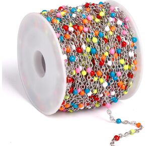 33 Feet Gold Enamel Chains Bulk, 2mm 18K Gold PVD Plated 304 Stainless Steel White Enamel Beaded Cable Link Chain Roll Spool for Jewelry Making