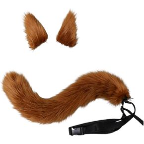Fox Wolf Cosplay Costume Faux Fur Wolf Fox Tail and Clip Ears Kit，Fox Costume Fox Ears Therian Tail Set for Women Girls and Halloween Animal Costume Accessories Cosplay Set，Brown