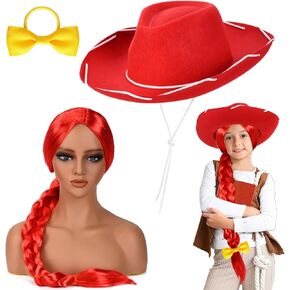3 Pcs Halloween Cowgirl Costume Include Red Cowboy Hat Wig and Hair Band for Women Girls Party Dress Up