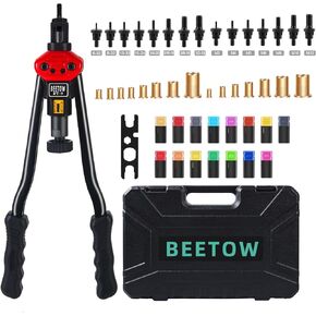 BEETOW 15-Mandrels, Nut Riveter Kit, 16 inches Rivet Nut Gun with 15 Metric and SAE Mandrels, 200Pcs Nutserts, and Sturdy Carrying Case
