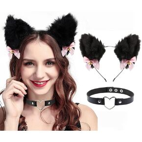 عصابة رأس على شكل آذان القط من أورانيان مع قلادة على شكل قلادة من الفرو الصناعي من Neko Anime Cosplay إكسسوارات شعر الهالوين للنساء