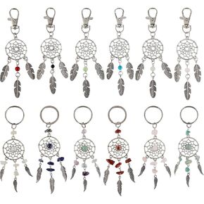 SUNNYCLUE 1 Box 12 Styles Dream Catcher Keychain Bohemian Style Stone Keychains Bulk Natural Chip Gemstone Beads Feather Charms Keyring Lucky Crystal Chakra Beads Key Chains for Bag Home Ornaments