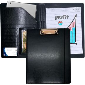 Foldable Padfolio Clipboard with Included Notepad, Phone Pocket and Business Card Holder | Faux Leather Portfolio for Women, Men, Nurses, Wedding, and Legal | Work Organizer Folder (Black)