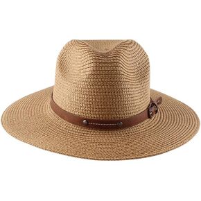 Panama Straw Hat for Women Men, Wide Brim Jazz Sun Hat with Leather Belt Breathable Outdoor Beach Sun Cap