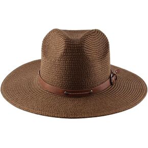 Panama Straw Hat for Women Men, Wide Brim Jazz Sun Hat with Leather Belt Breathable Outdoor Beach Sun Cap