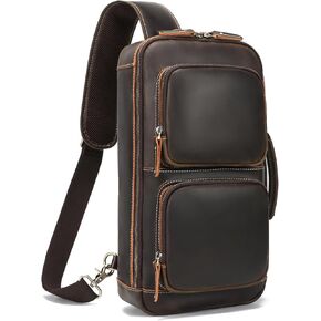 LANNSYNE 3 in 1 Vintage Full Grain Leather Chest Sling Bag fits 12.9" iPad/14 Laptop Crossbody Daypack Rucksack Shoulder Messenger Bag for Men