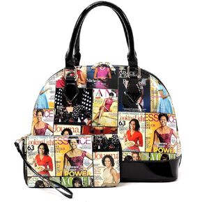 Glossy magazine cover collage dome satchel bag purses bowling bag Michelle Obama bags with wallet set 2 in 1 (MULTI/BK)