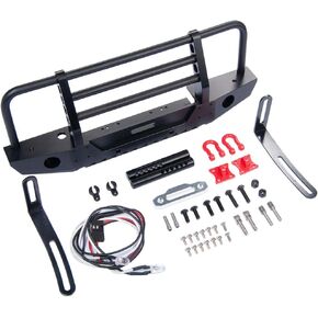 RCLIONS Aluminum Front Bumper with LED Headlights Towing Shackles for TRX4 1/10 RC Model Crawler Car